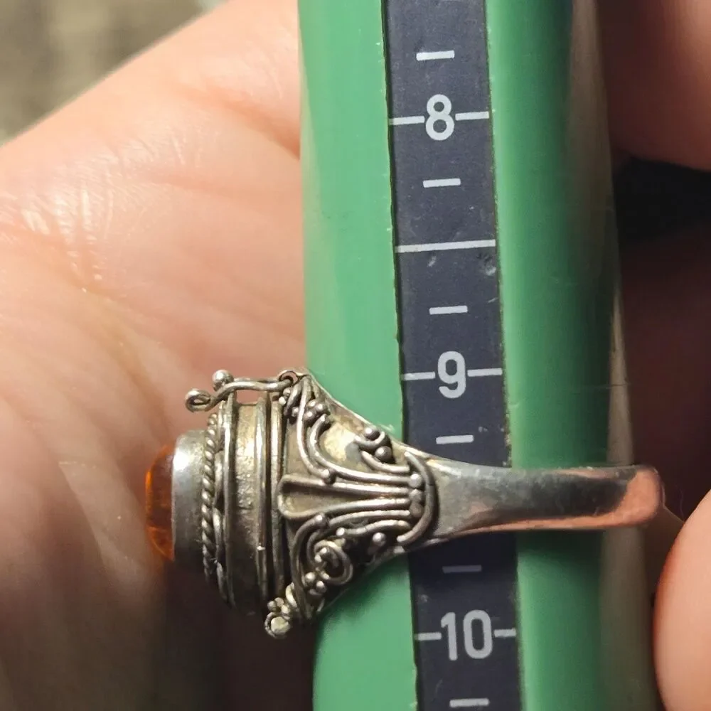 Rare Amber Poison Ring vintage sterling silver ring sz 9.5